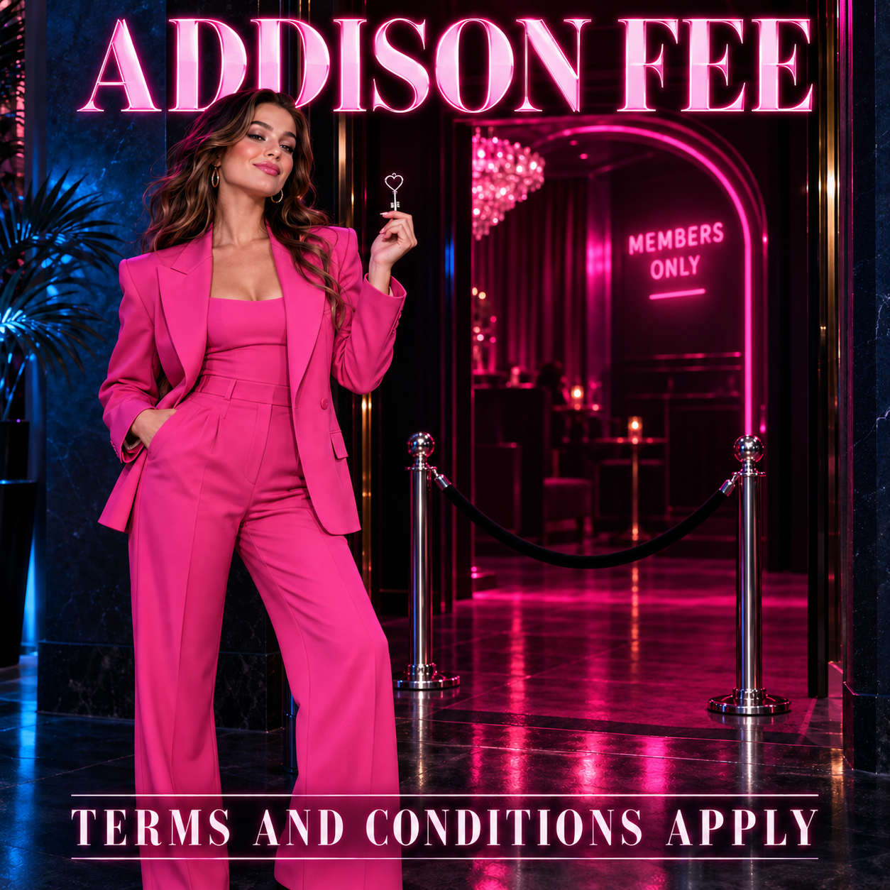 Addison Fee holding a key outside an upscale members-only nightclub entrance