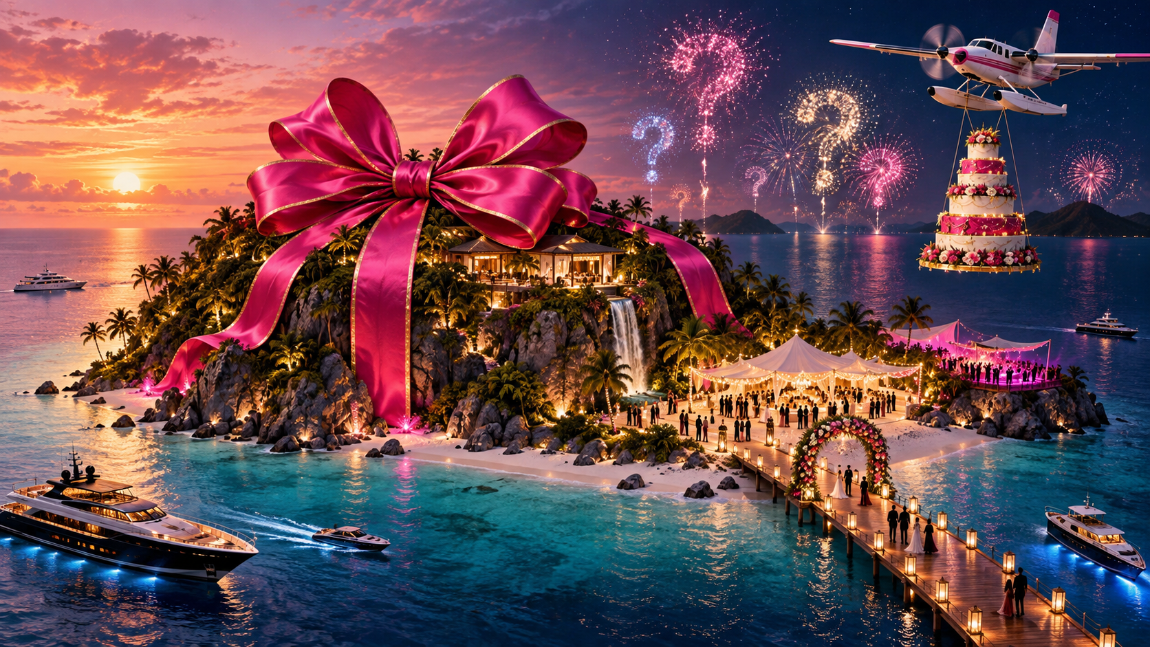 Satirical editorial illustration of a private tropical island wrapped in a giant pink bow during a lavish wedding celebration