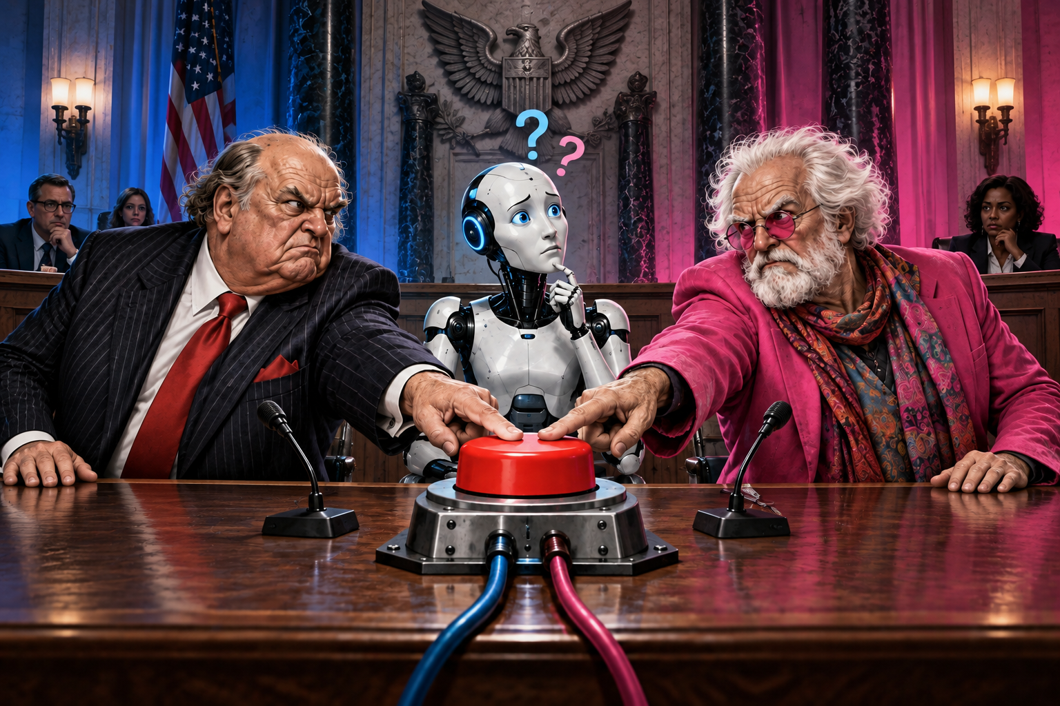 Satirical illustration of opposing political archetypes sharing an emergency stop button beside a confused robot