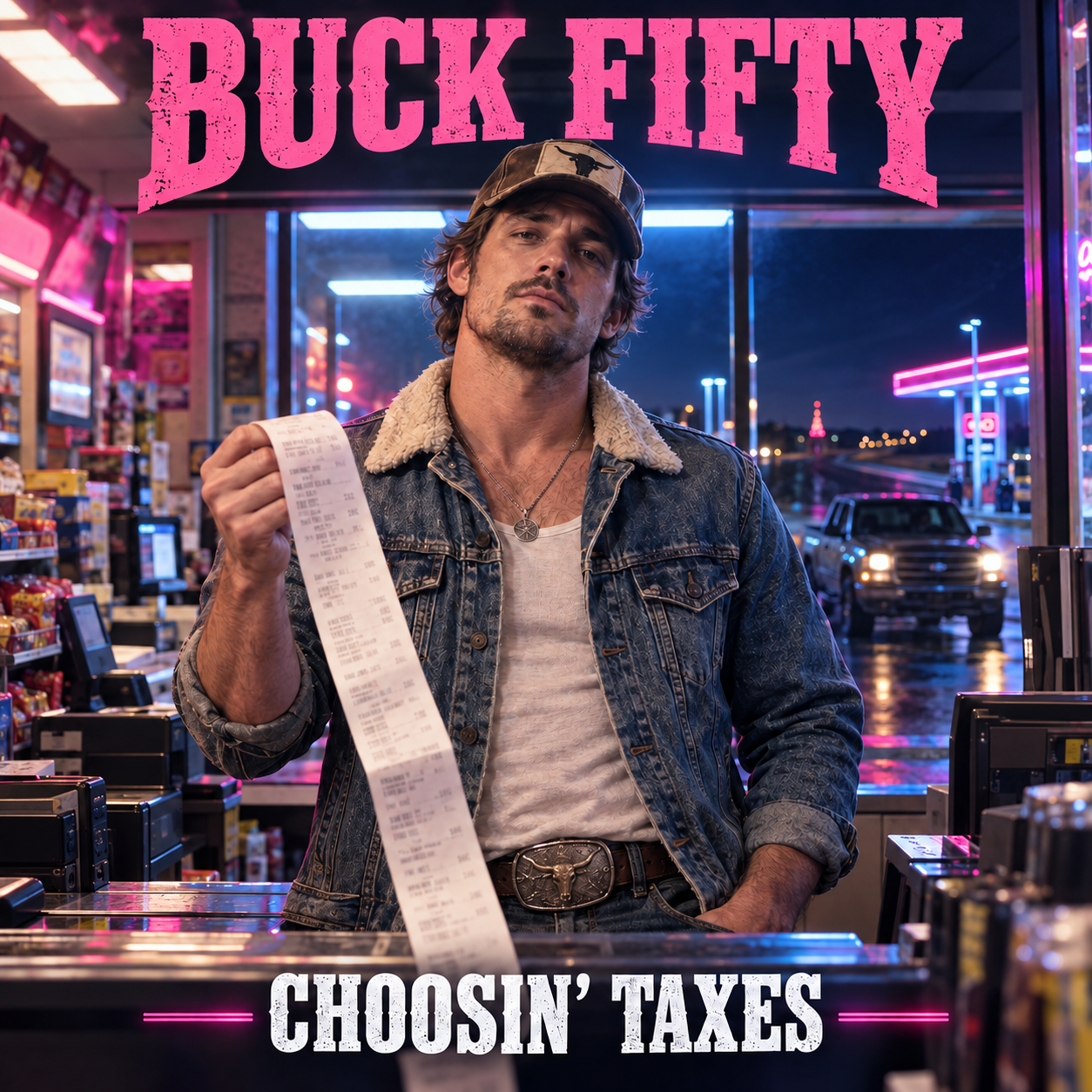 Buck Fifty holding an impossibly long receipt in a neon gas station