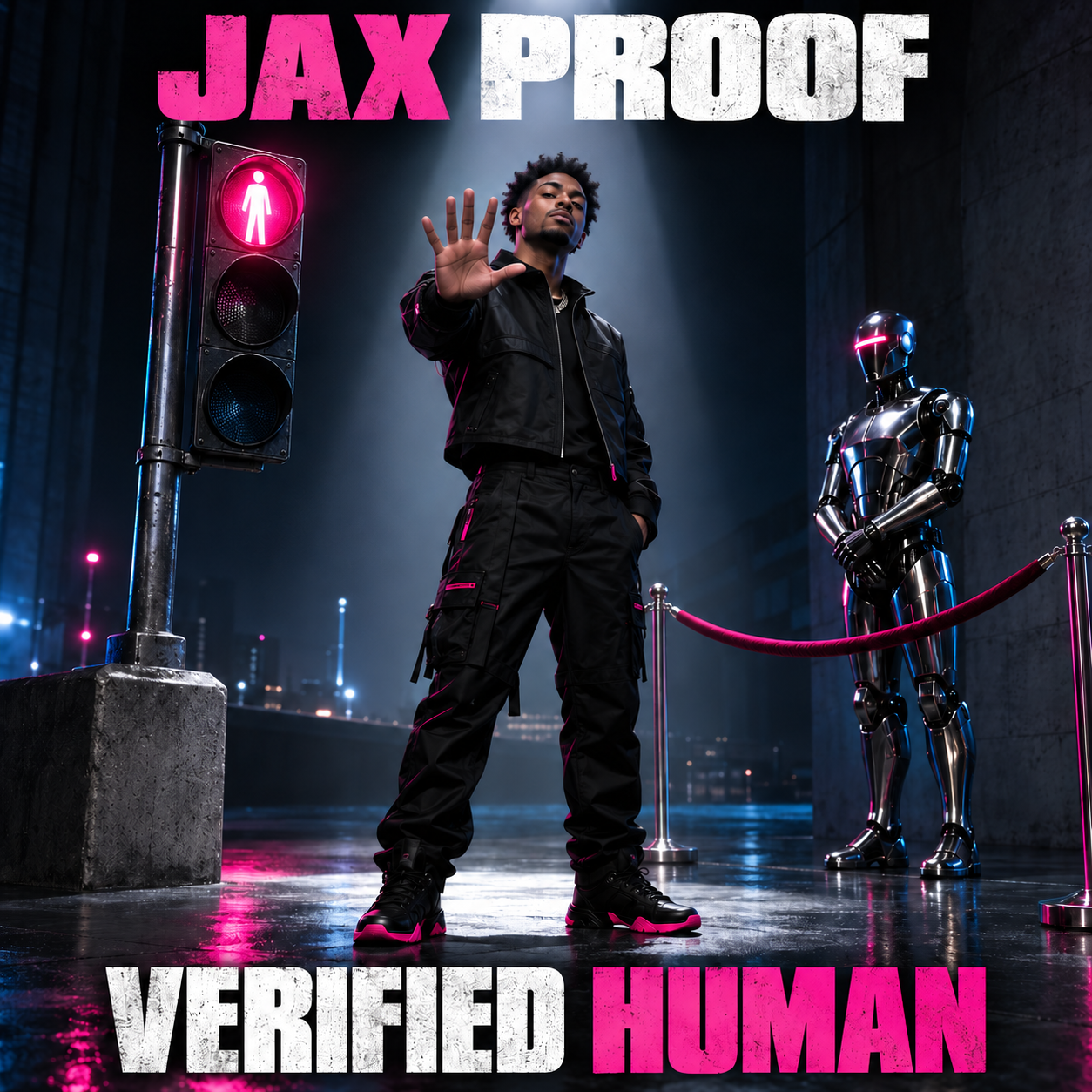 Jax Proof raising his hand at a dystopian identity checkpoint beside a robot guard