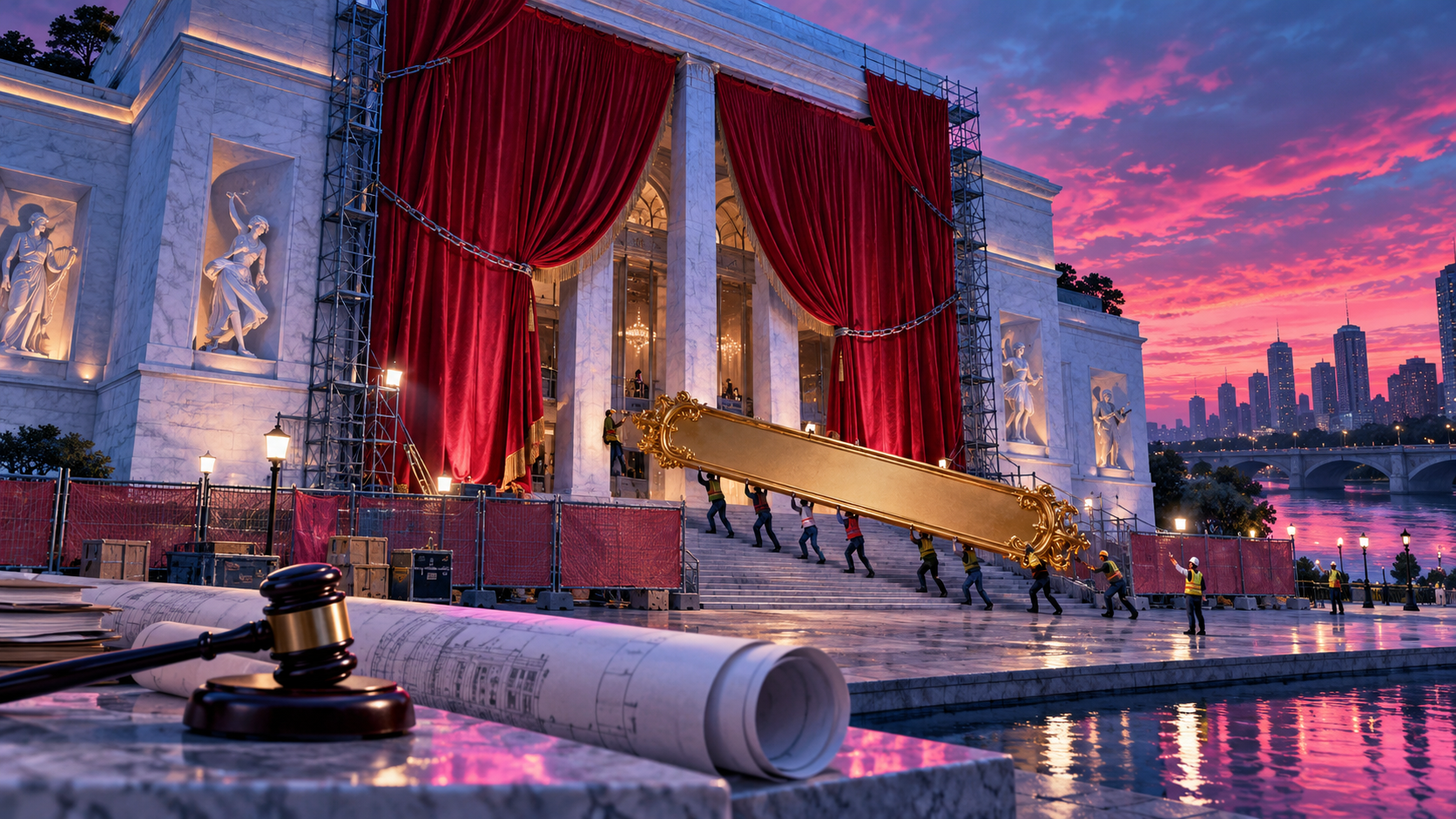 Satirical editorial illustration of a marble performing-arts center wrapped in red curtains while workers carry an enormous blank gold nameplate